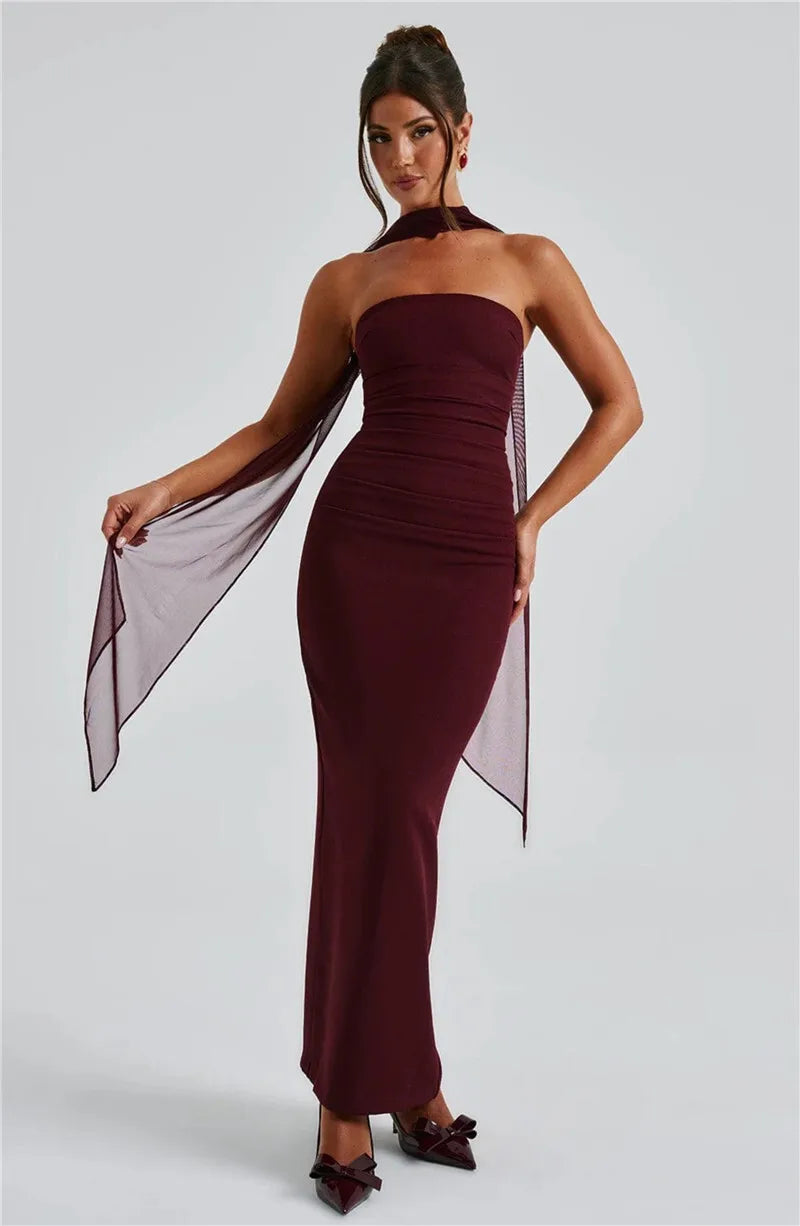 Scarf Collar Strapless Maxi Dress - Backless Bodycon Club & Party
