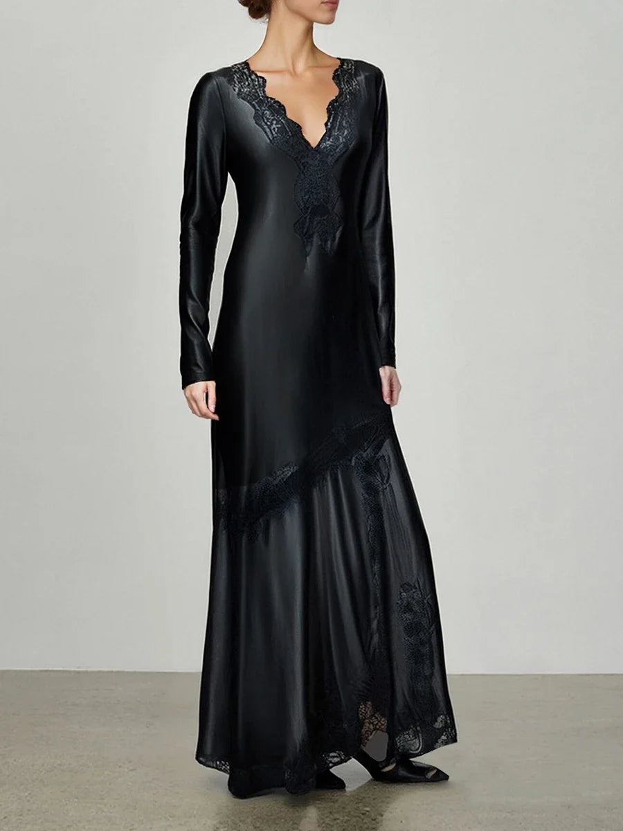 Black & Beige Patchwork Lace Dress | Elegant Ankle-Length Gown