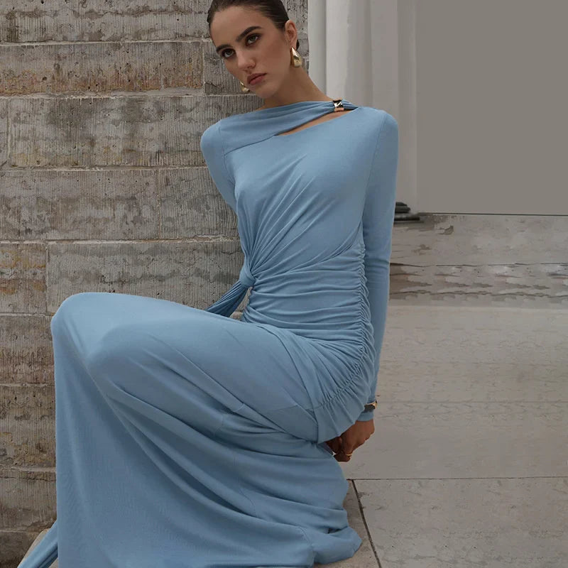 Light Blue Ruched Long Sleeve Maxi Dress – Elegant Autumn Club Gown