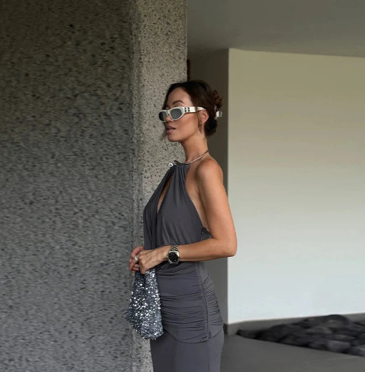 Grey Halter Cowl-neck Draped Maxi Dress