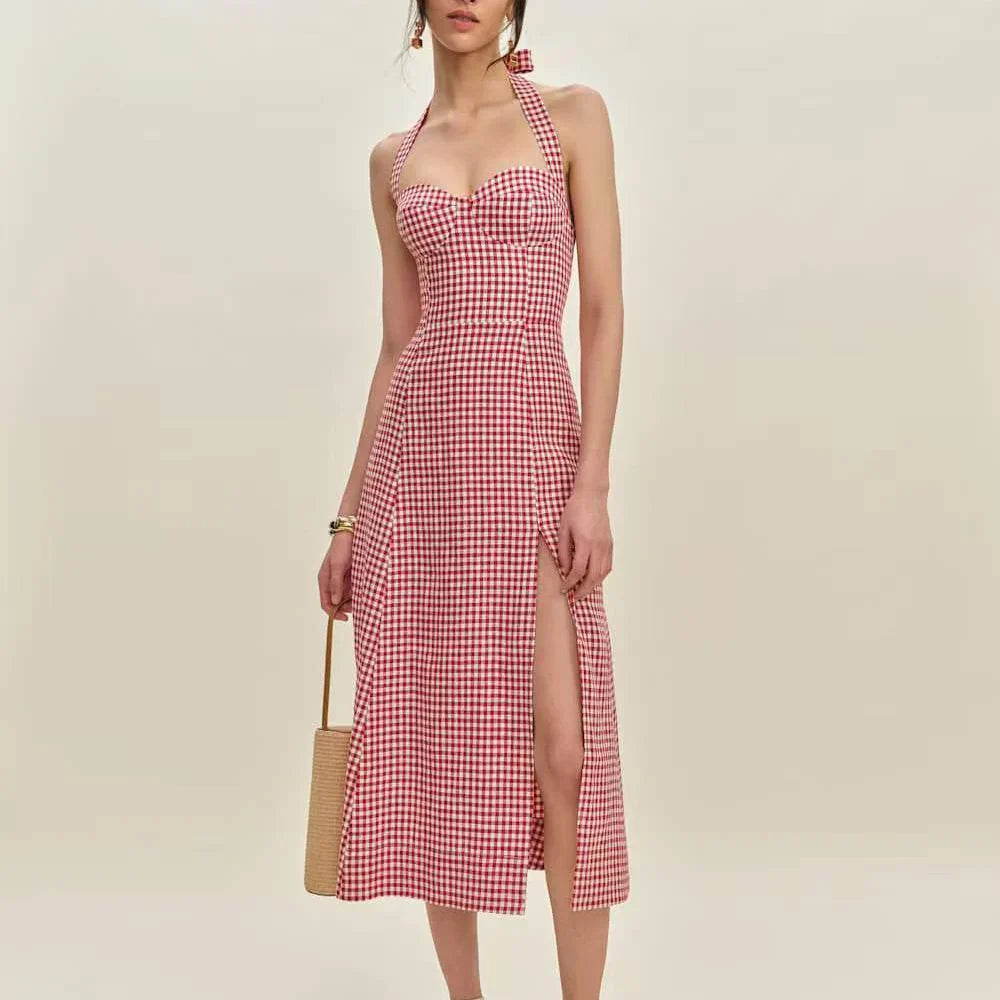 Red Checkered Halter Dress – Summer Picnic Slit Midi with Tie-Back