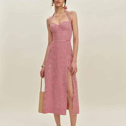 Red Checkered Halter Dress – Summer Picnic Slit Midi with Tie-Back