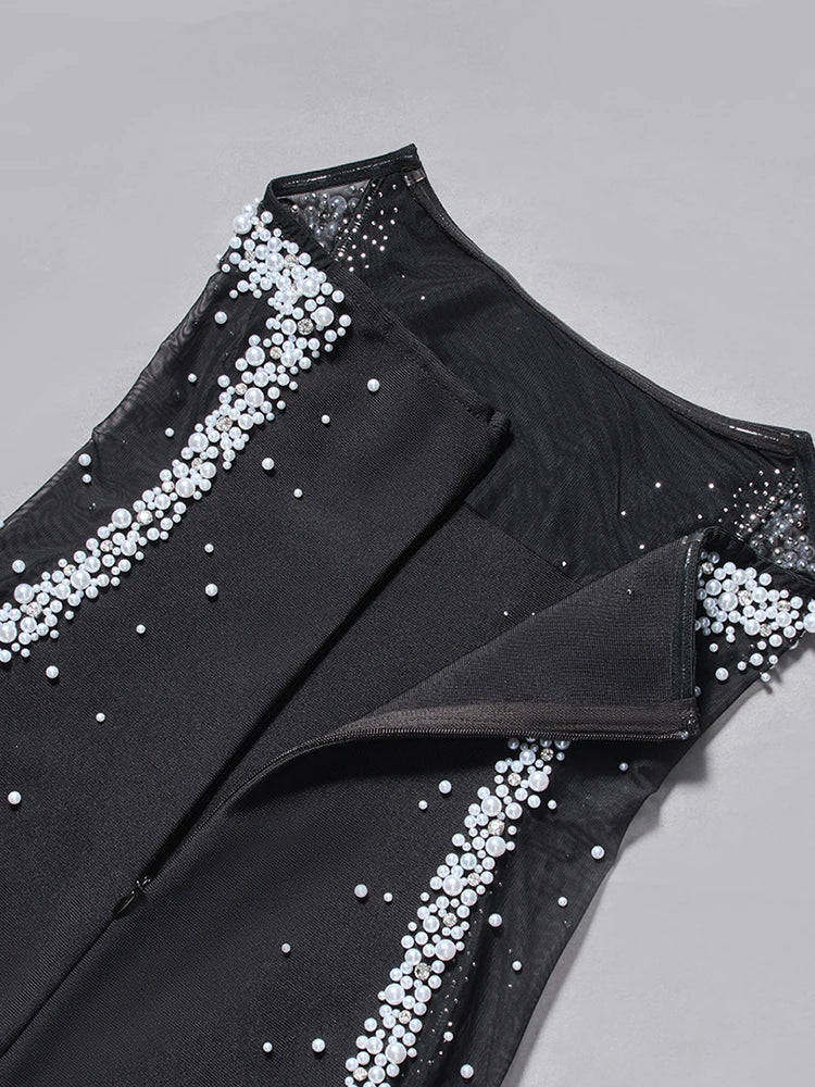 Strapless Mesh Patchwork Pearl-Embellished Midi Dress