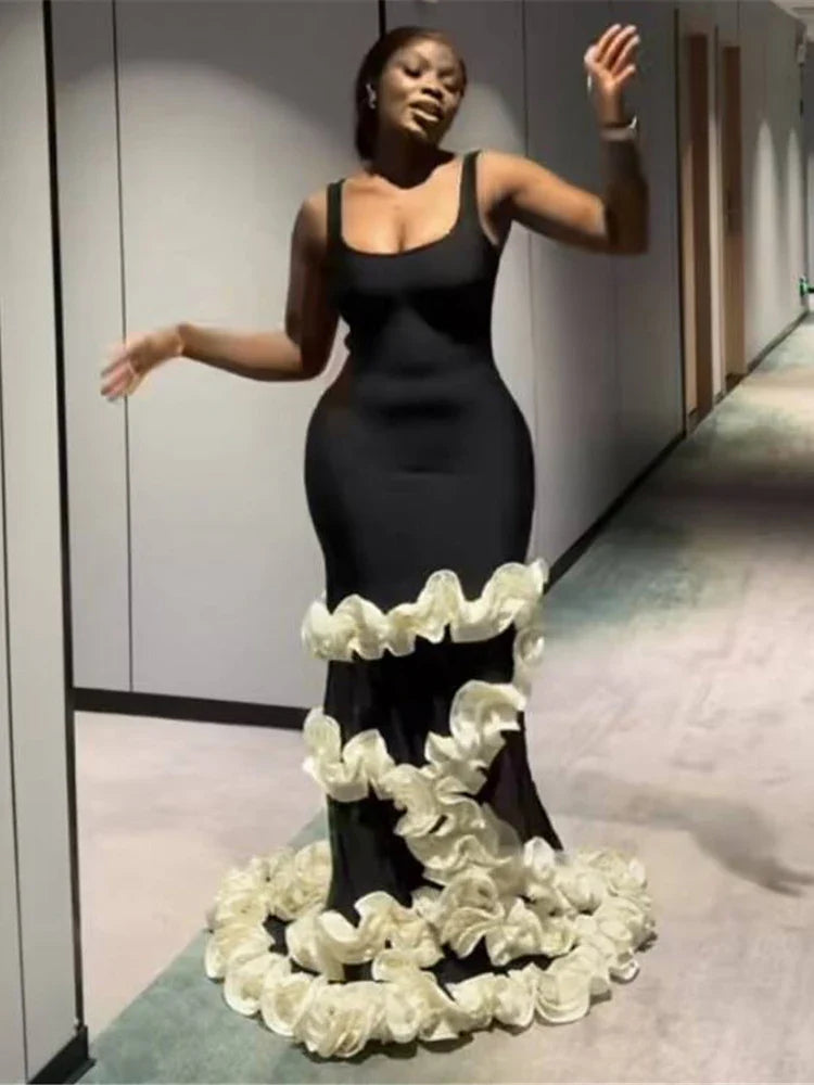 Black Sling Ruffles Patchwork Dress | Spaghetti Strap Maxi Gown