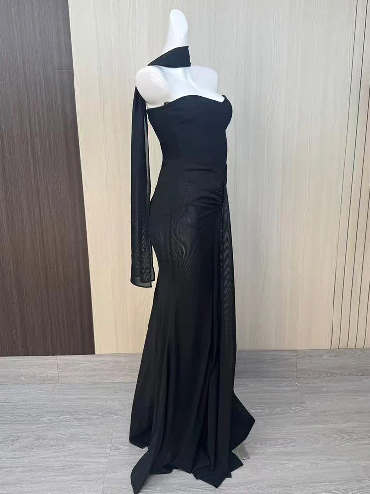 Black Strapless Draped Patchwork Maxi Dress