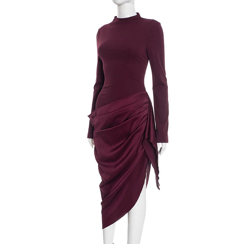 Long Sleeve Ruched Draped Midi Dress
