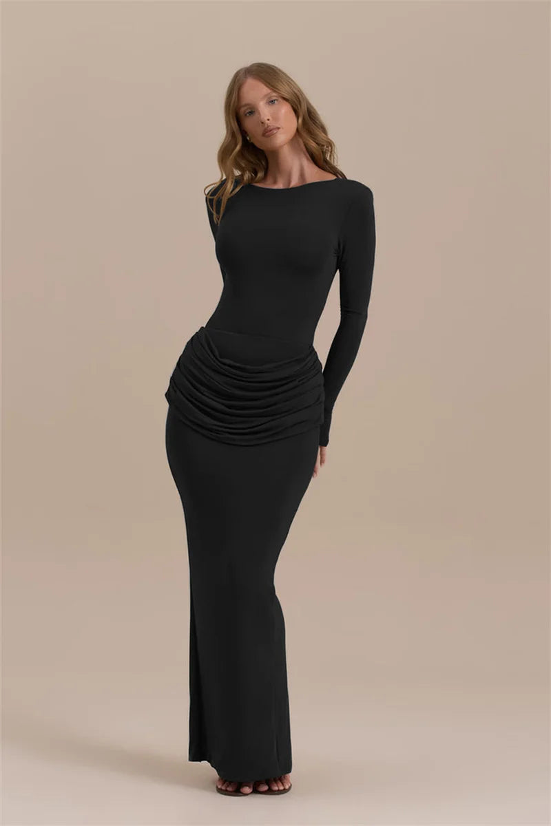 Long Ruched Grey Gown | Sleek Stretch Floor-Length Dress