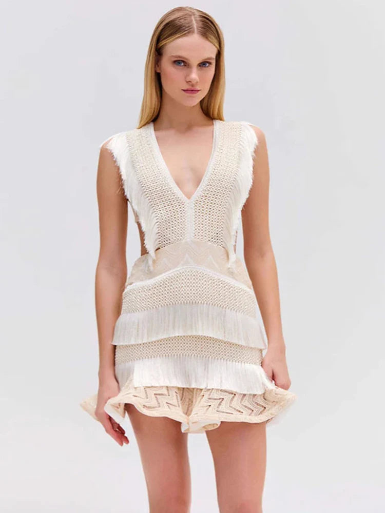 White Knit Tassel V-neck Mini Dress