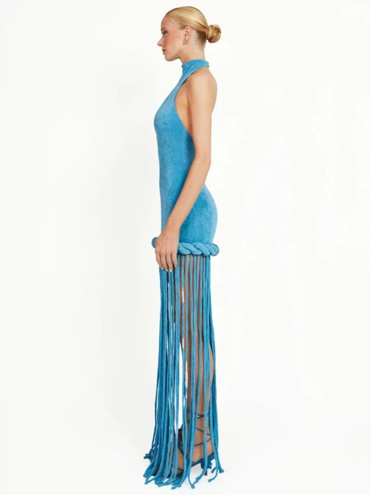 Blue Velvet Halter Fringe Gown with Braided Detail