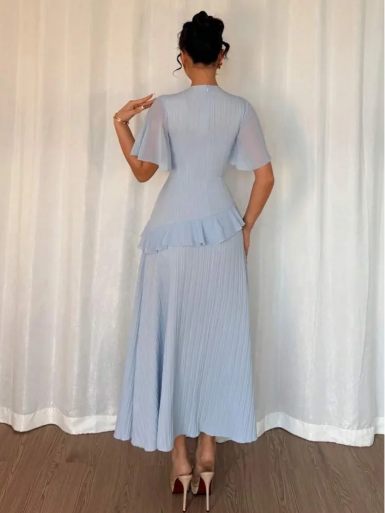 Blue Tiered Short Sleeves Ruffle Hem Midi Dress