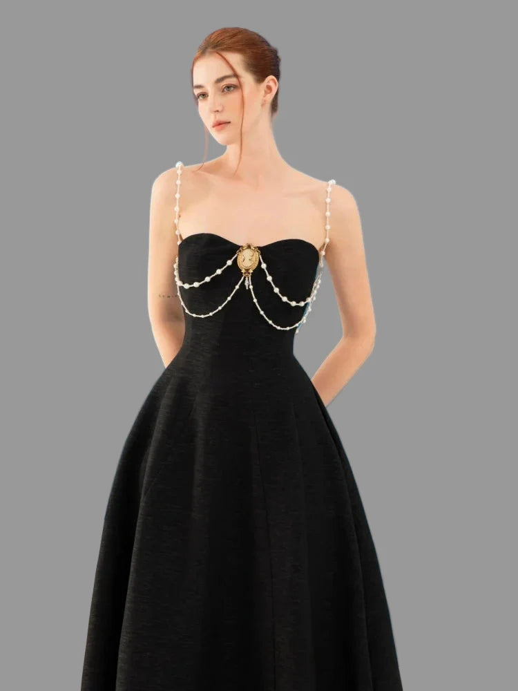 Strapless Pearl-Chain A-Line Midi Gown