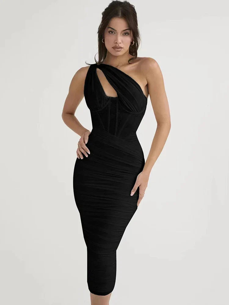 One-Shoulder Ruched Corset Midi Dress