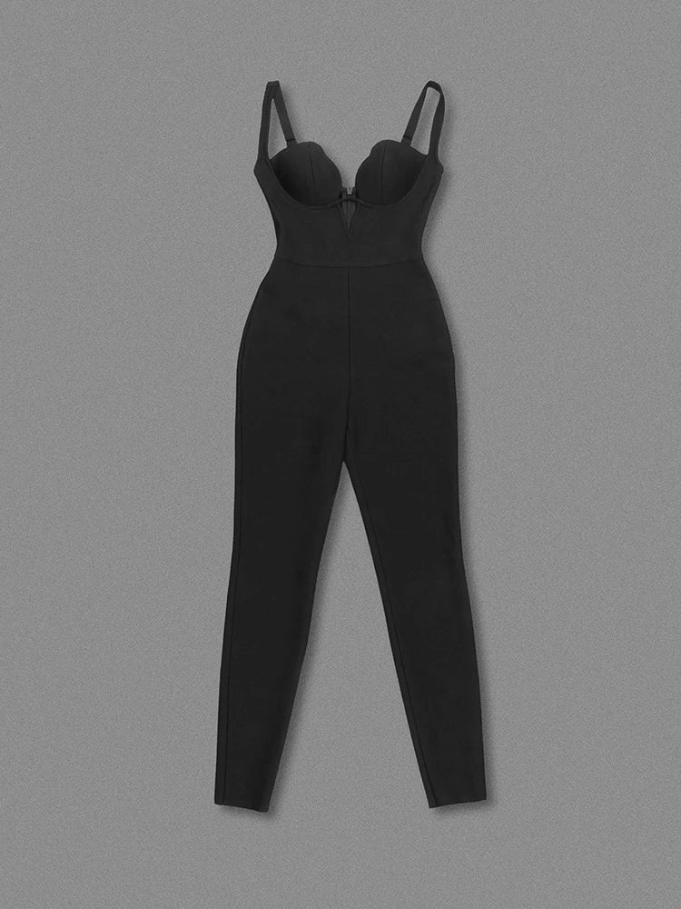Black Deep V Neck Bandage Jumpsuit | Slim Pencil Pants