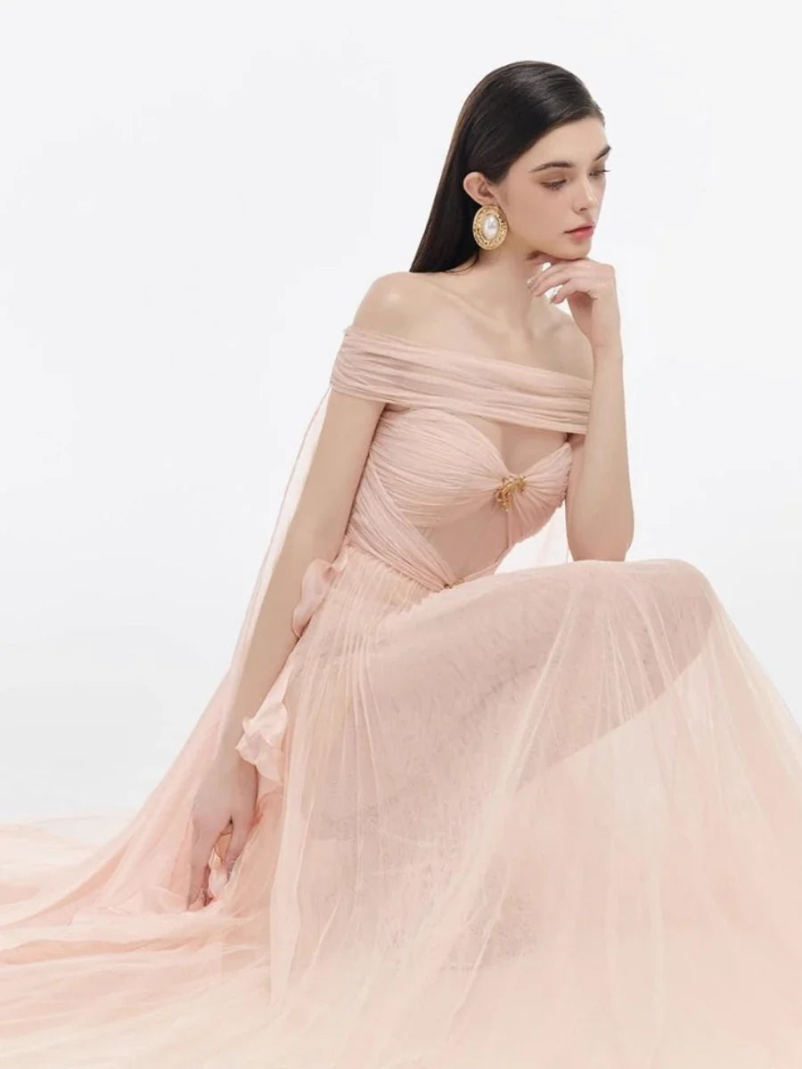 Pink Pleated Gold Brooch Cape Scarf Maxi Dress