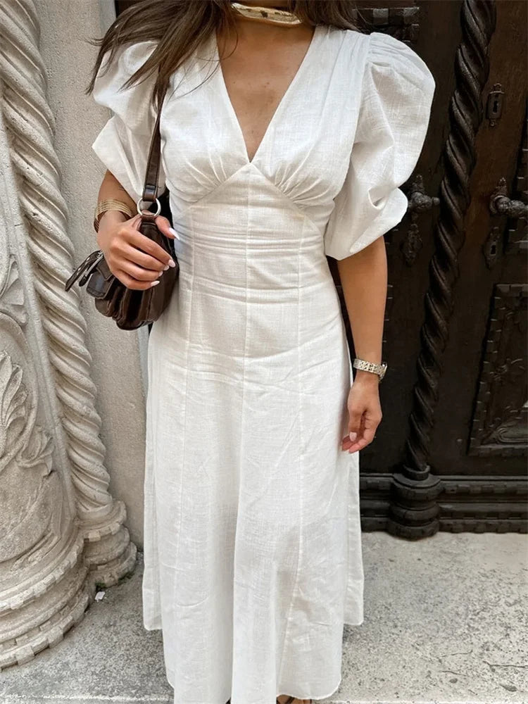 White Puff Sleeve Backless Dress | Summer Elegance