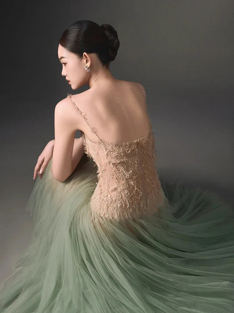 Textured Tulle Green Gradient Flare Maxi Dress