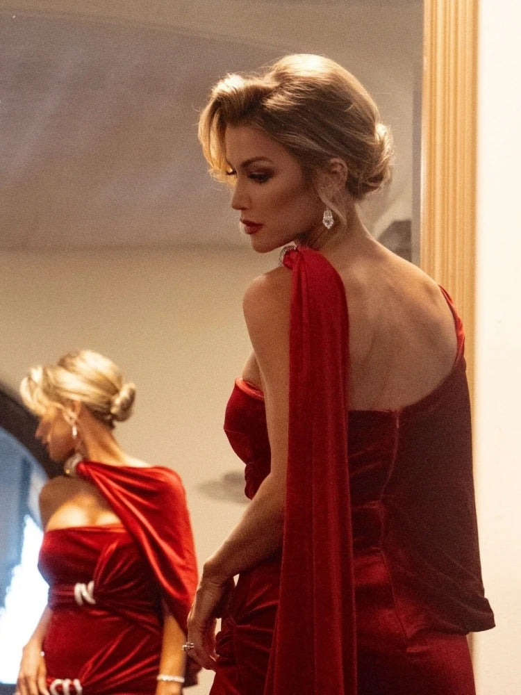 Red Velvet One-Shoulder Draped Gown with High Split