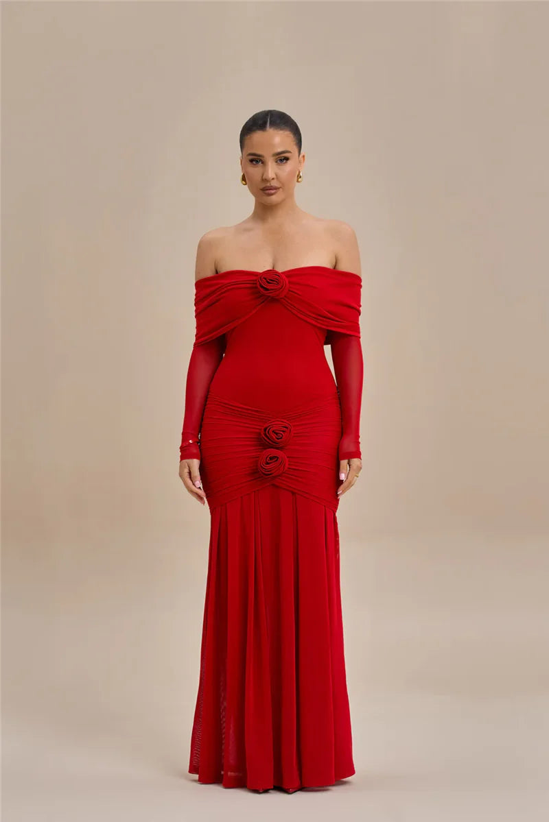 Off-Shoulder Rose Ruched Bodycon Maxi Dress
