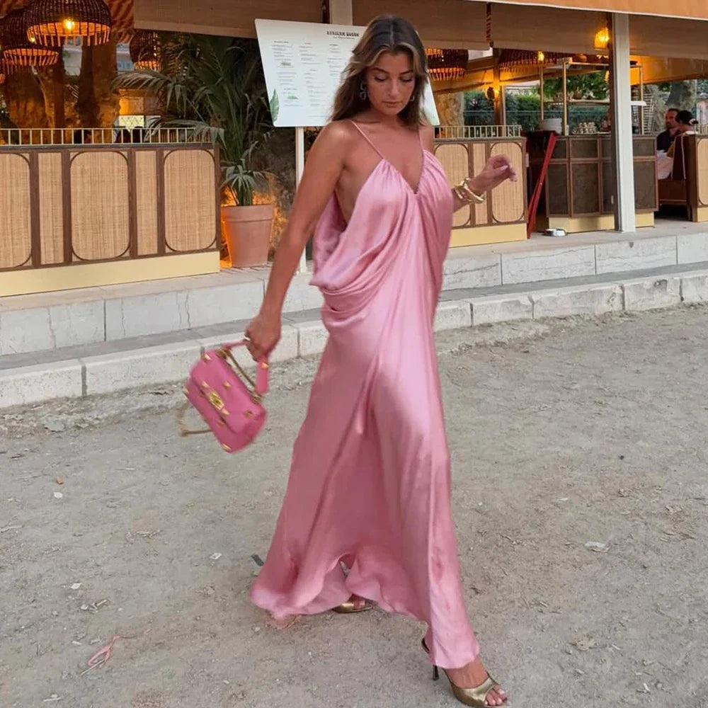 Draped Pink Sling Maxi Dress | Resort Glamour Loose Fit
