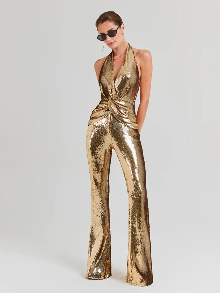 Gold Sequin Sleeveless V Neck Wide Leg Jumpsuit