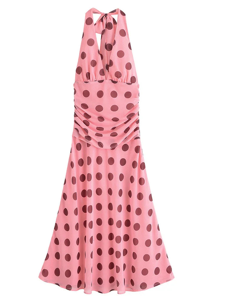 Pink Polka Dot Halter Dress | Backless Summer Maxi