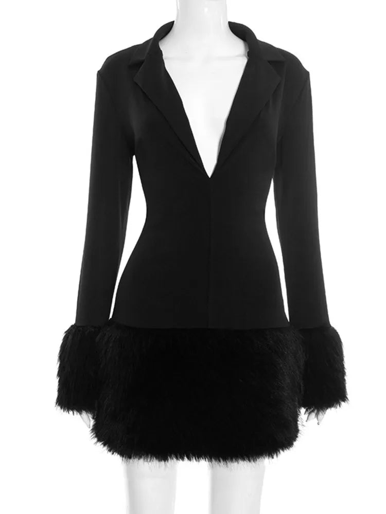 Black Fur-Trim Mini Blazer Dress with Deep V Neck