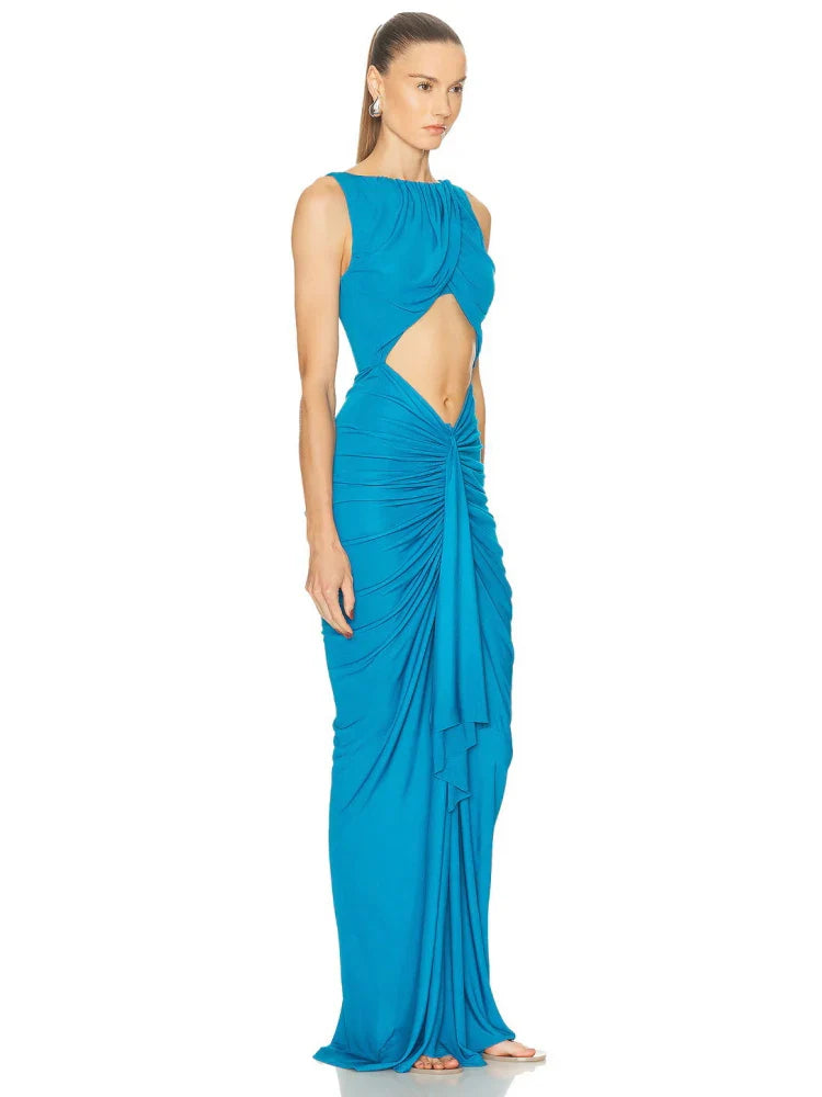 Blue Cut-Out Gathered Sheath Gown | Evening Statement Dress