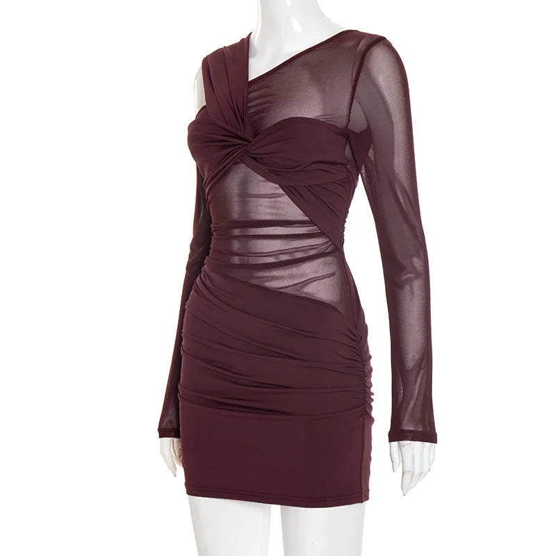 Ruched Inclined Shoulder Mini Dress