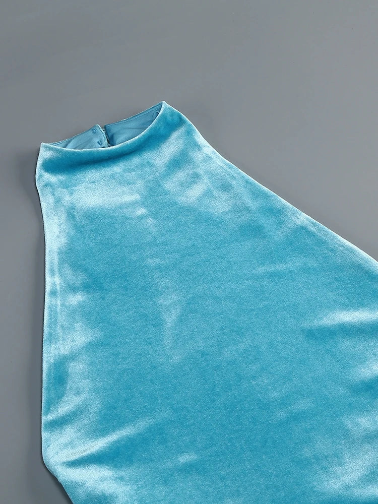 Blue Velvet Halter Fringe Gown with Braided Detail