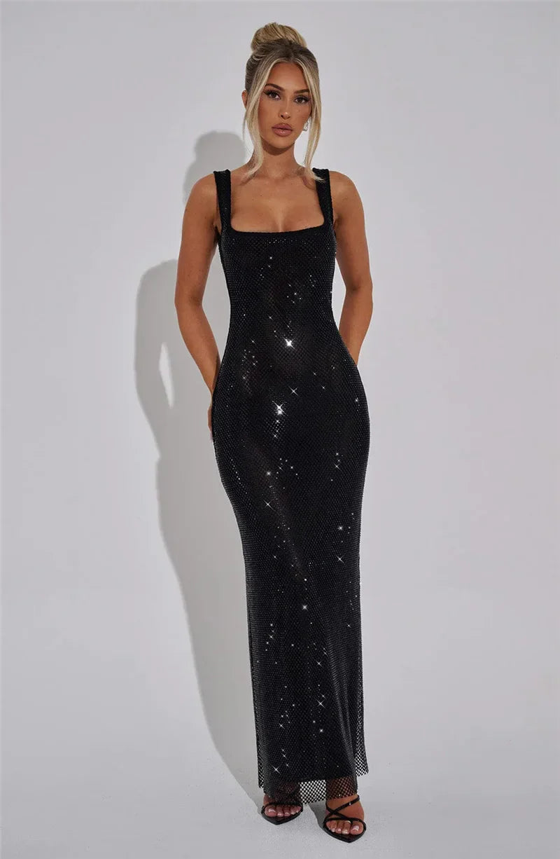 Sparkle Sequin Backless Maxi Dress – Sleeveless Club Gown with Square Neck