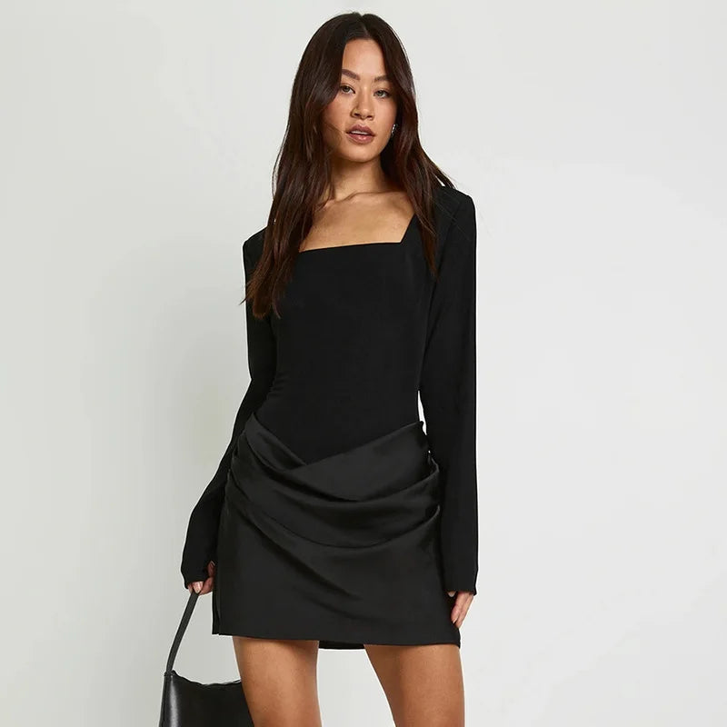 Square Neck Mini Dress with Satin Drape and Long Sleeves