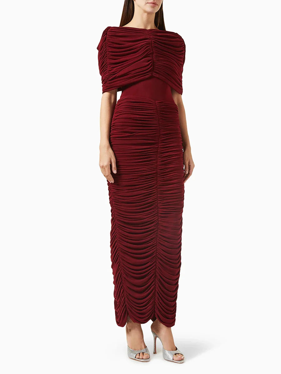 Pleated Cape Long Dress with Sculpted Sheath Silhouette