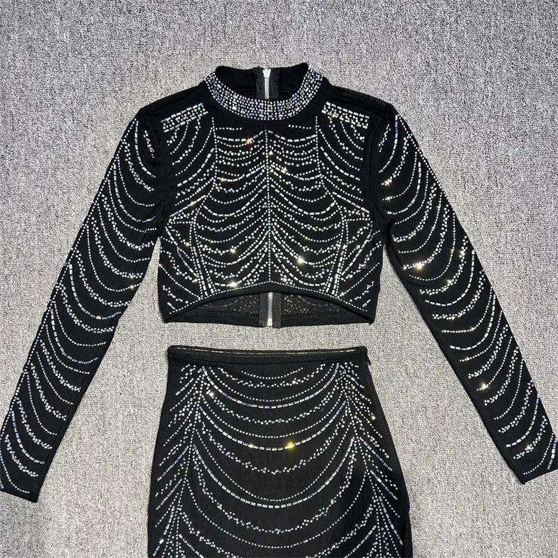 Black Sequin Crop Top & Maxi Skirt Set | Luxe Gala Party Look