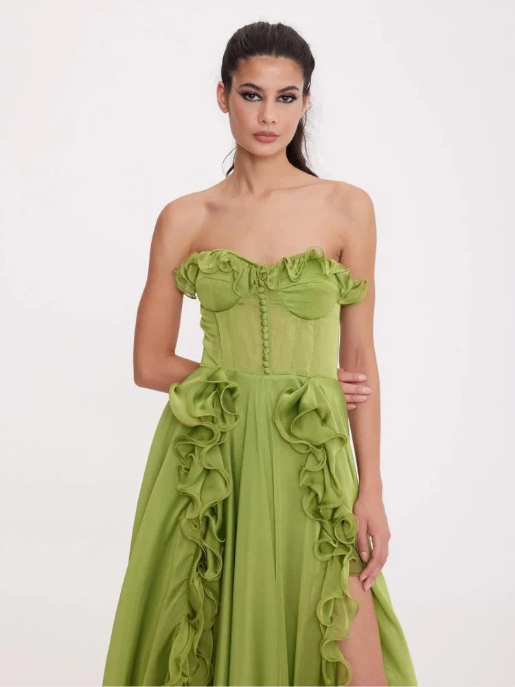 Strapless Ruffle Maxi Dress | Women’s Lace-Up Split Floor-Length Evening Gown
