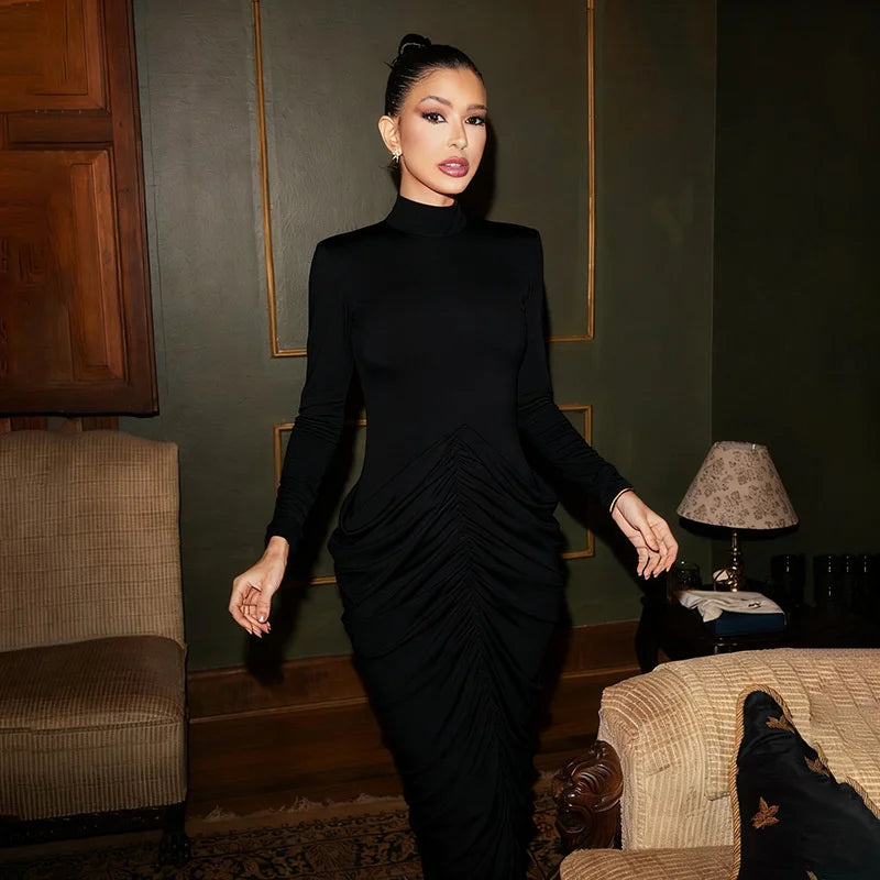 Turtleneck Ruched Long Sleeve Maxi Dress