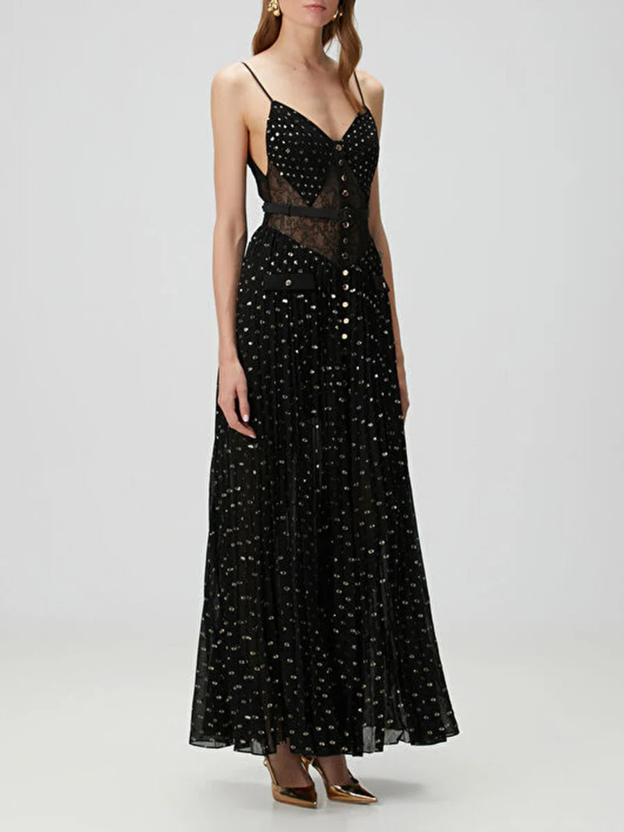 Pleated Sheer Cut-Out Buttoned Maxi Dress