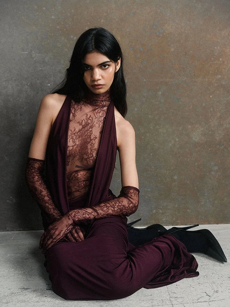 Black Lace Patchwork Turtleneck Long Dress with Gloves | Sheer Backless Evening Gown