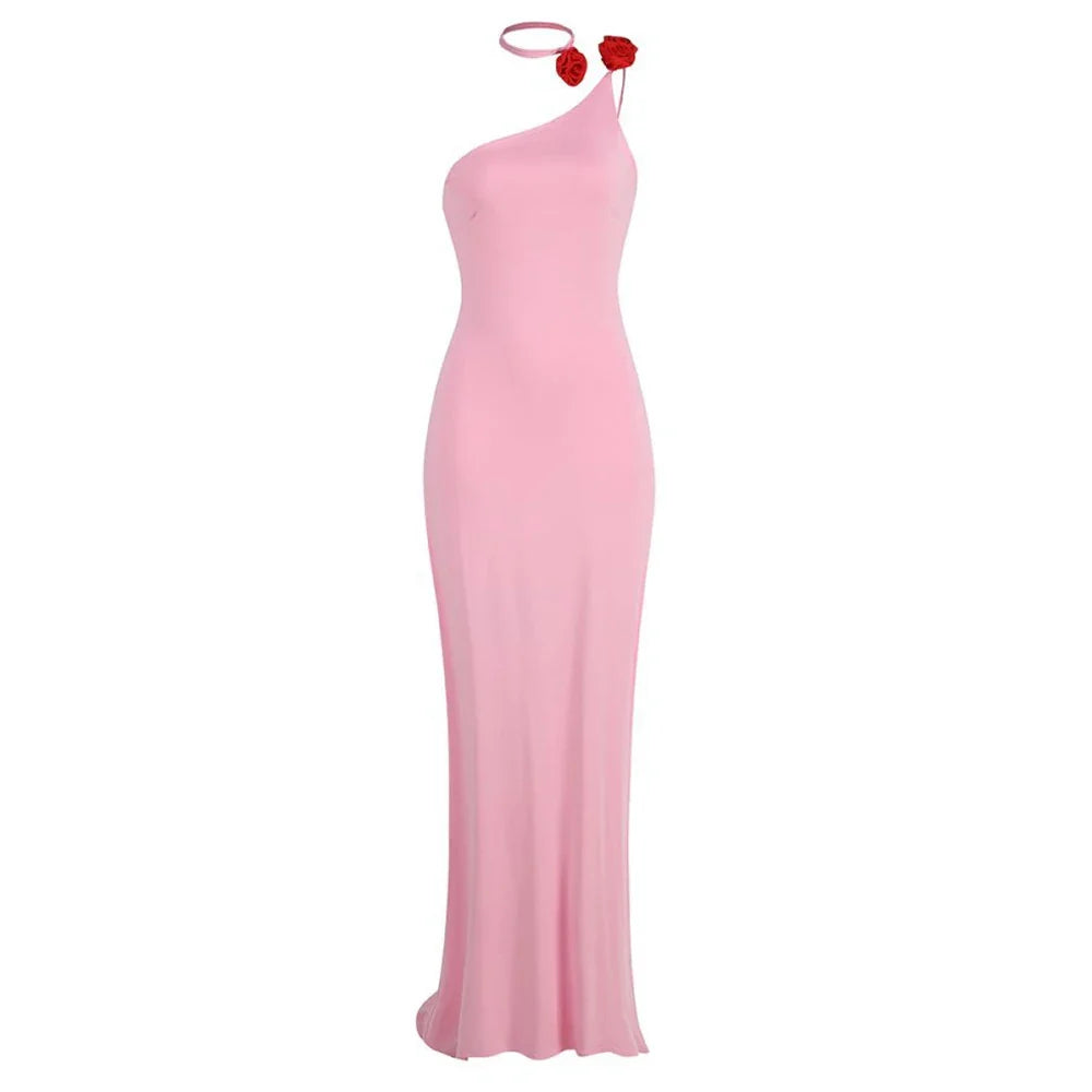 Pink one-shoulder dress with red accents 