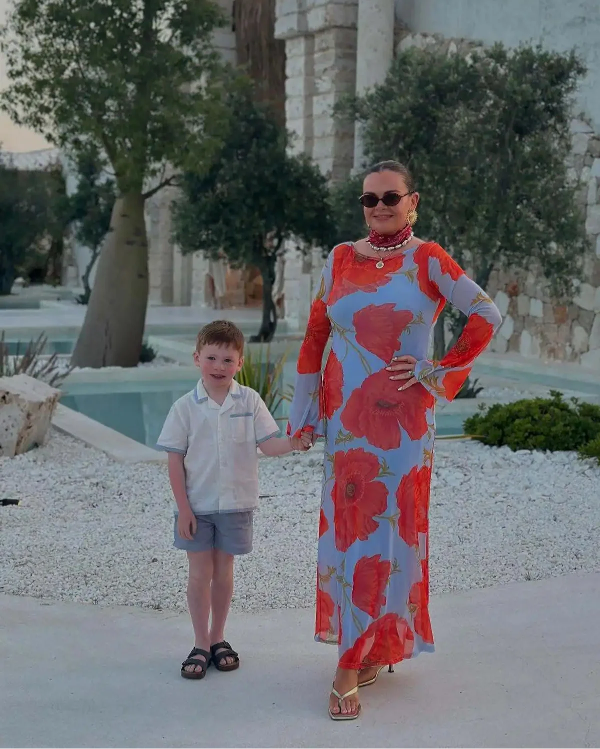 Poppy Floral Long-Sleeve Maxi Dress, Blue, Red