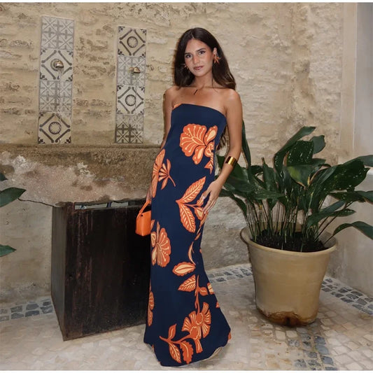 Elegant Floral Strapless Dress - Long Tube Slim Robe
