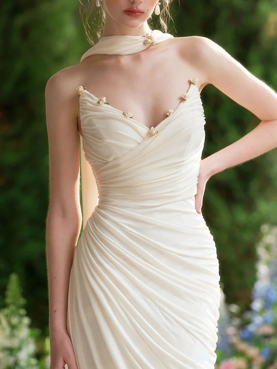 White Draped Pleated Midi Dress with Flower Trim