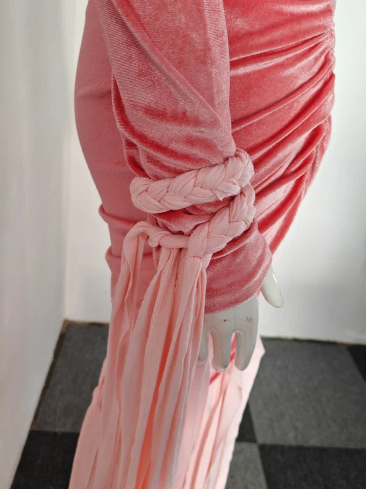 Pink Velvet Deep V Neck Folds Tassel Long Dress