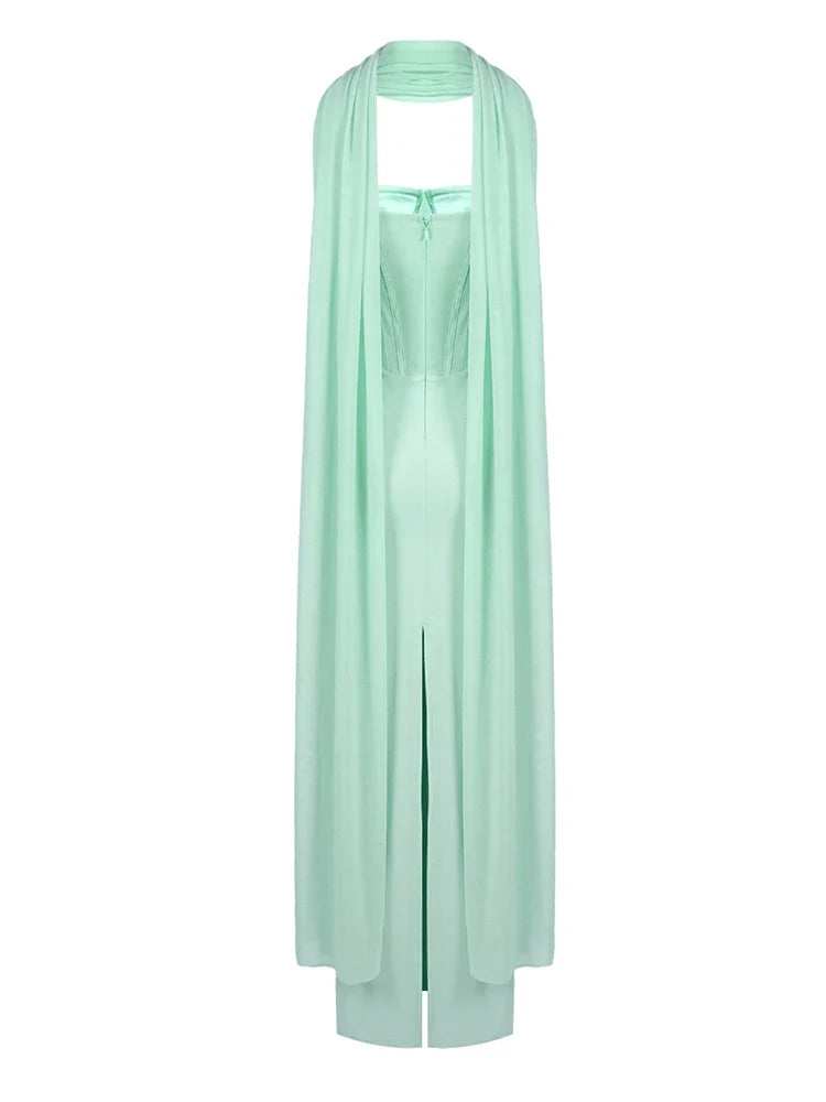 Mint Strapless Corset Mesh Patchwork Gown with Scarf | Elegant Sleeveless Evening Dress