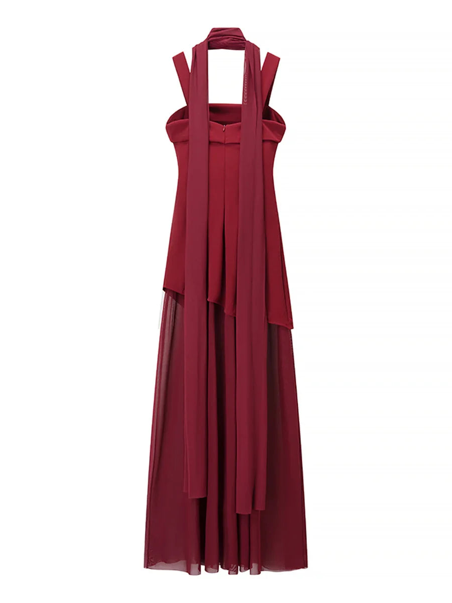 Ribbon Square Collar Sleeveless Mesh Split Long Dress