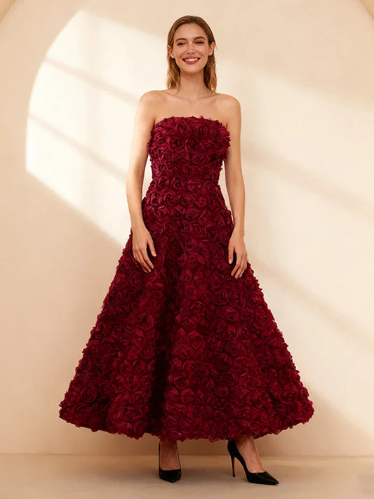 Burgundy Strapless 3D Floral A-Line Long Dress