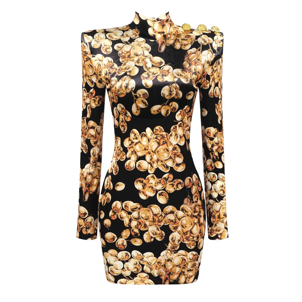 Dress with gold floral pattern on a black background