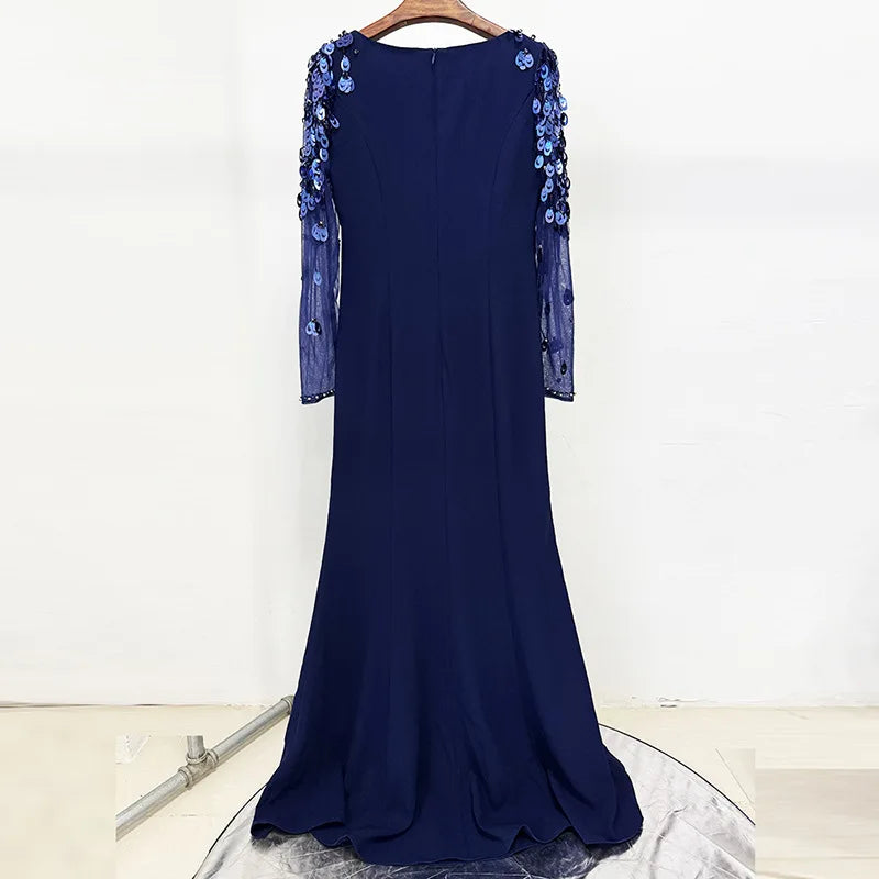 Dark Blue & Pink Sequin A-Line Evening Dress