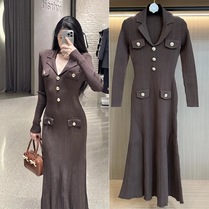 Elegant V-Neck Knitted Midi Sweater Dress – Slim Fit Long Sleeve Knitwear for Women