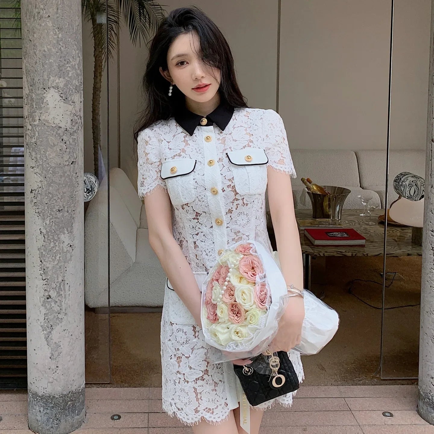 White Lace Short Summer Dress with Black Collar – Embroidered Fit & Flare Pocket Dress