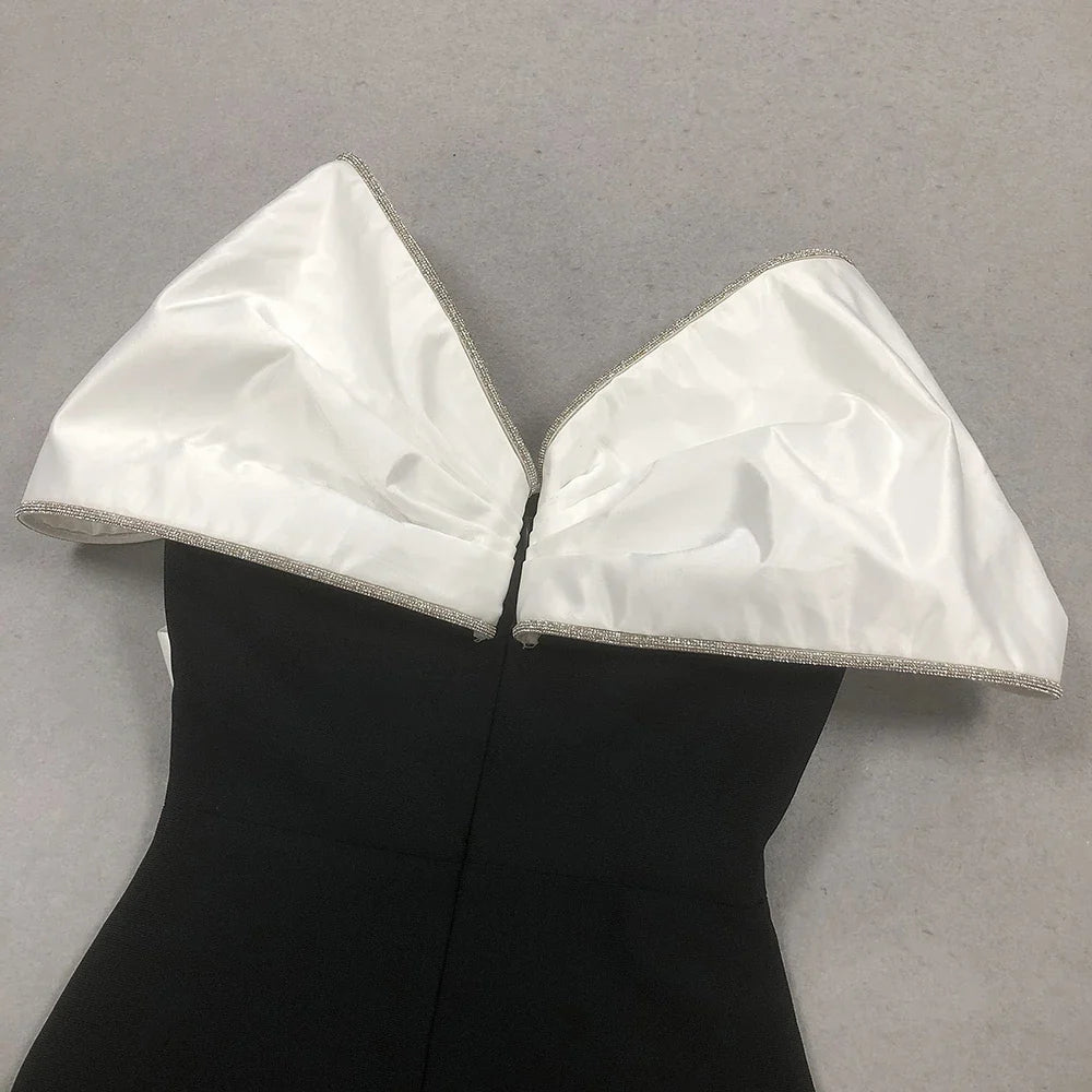 Luxurious Black and White Collision Strapless Maxi Dress with Diamond Embellishments